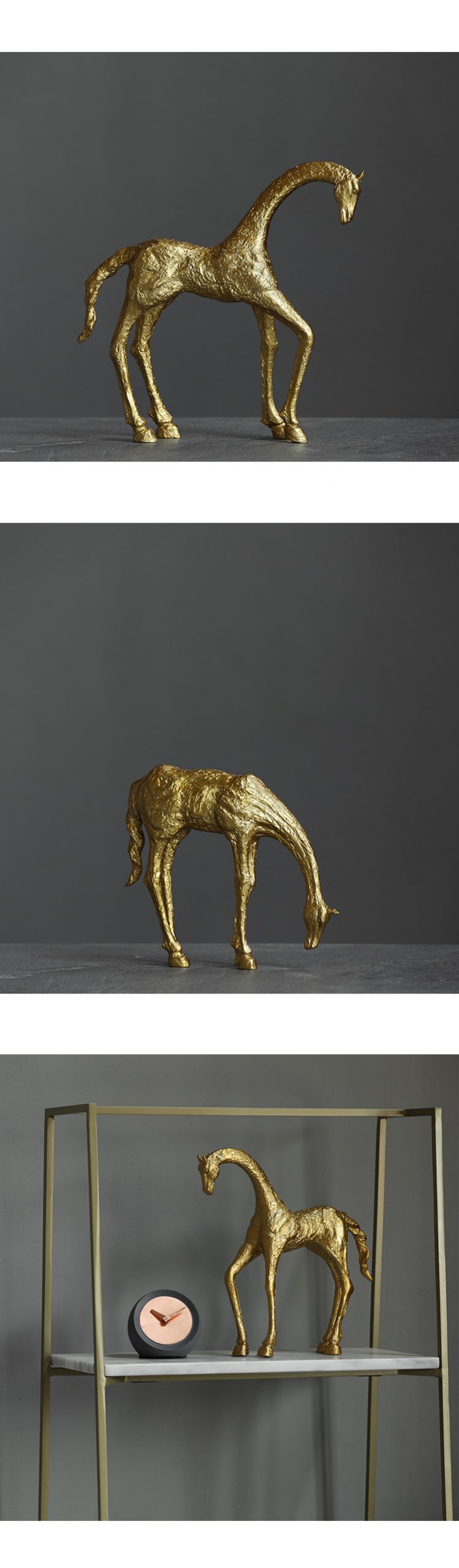 Home Decoration Accessories Art Animal Cast Iron Golden Bowed Horse Statue Decor Figurine Living Room Ornament Gift Furnishings