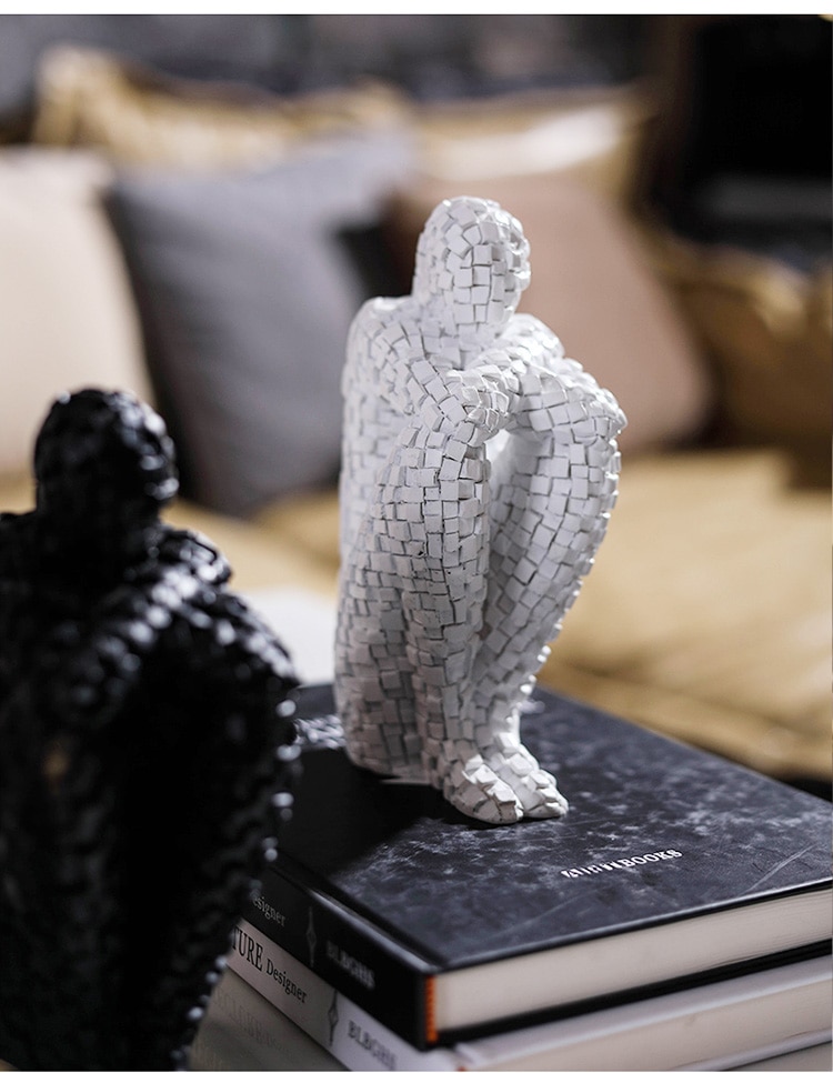 Modern Abstract Sitting Figure Mosaic Texture Statue Resin Ornaments Home Decor Desktop Accessories Gift Black White Sculpture