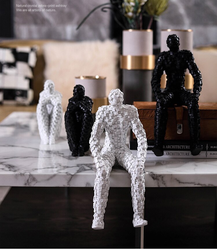 Modern Abstract Sitting Figure Mosaic Texture Statue Resin Ornaments Home Decor Desktop Accessories Gift Black White Sculpture