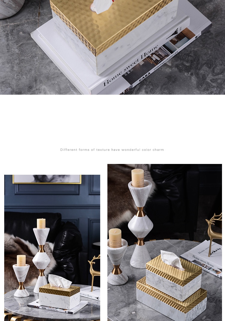 Luxury Jazz White Marble Paper Box Nordic Honeycomb Brass Tissue Box Living Room Mordern Home Decoration Ornament Accessories