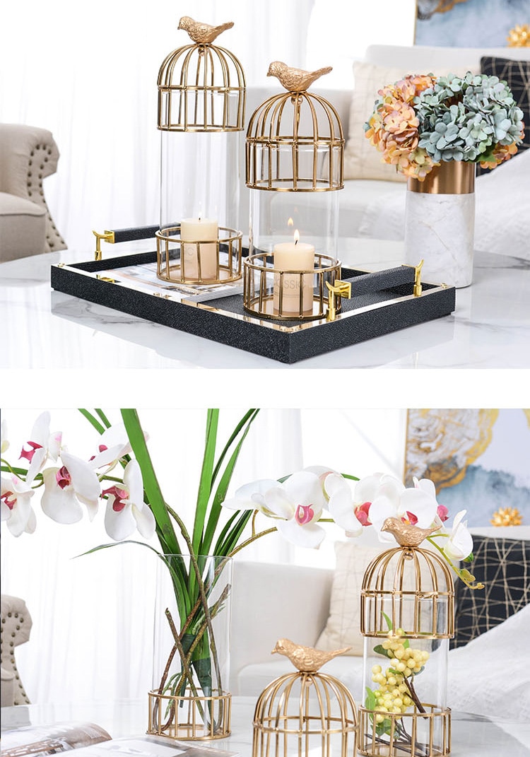 Luxtry Gold Metal Bird Cage Shape Vase Decoration Home Living Room Dinner Table Office Flower Arrangement Glass Vase