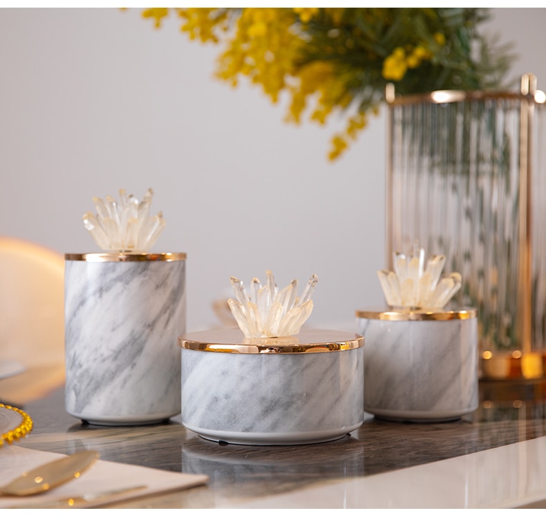 Nordic Marble Texture Ceramic Storage Jar With Crystal Stone Metal Lid Dried Fruit Candy Jar Storage Decor Luxury Table Ornament