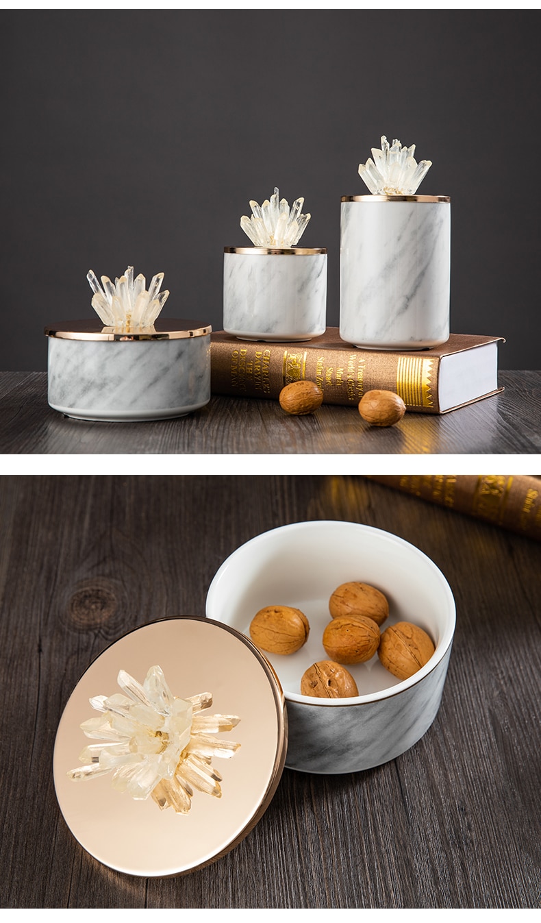 Nordic Marble Texture Ceramic Storage Jar With Crystal Stone Metal Lid Dried Fruit Candy Jar Storage Decor Luxury Table Ornament