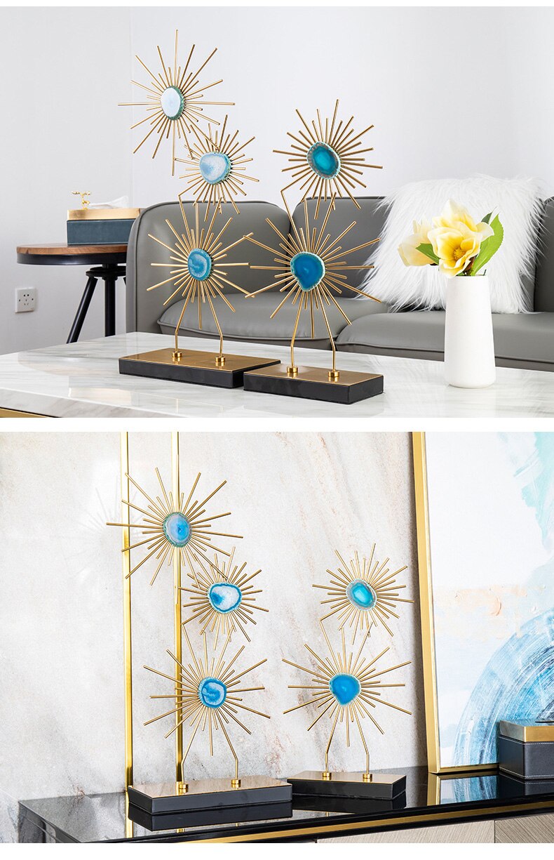 60cm Luxtry Cascade Blue Agate With Gold Metal Tube Sculpture Home Decoration Marble Ornament For Living Room Desktop Wedding