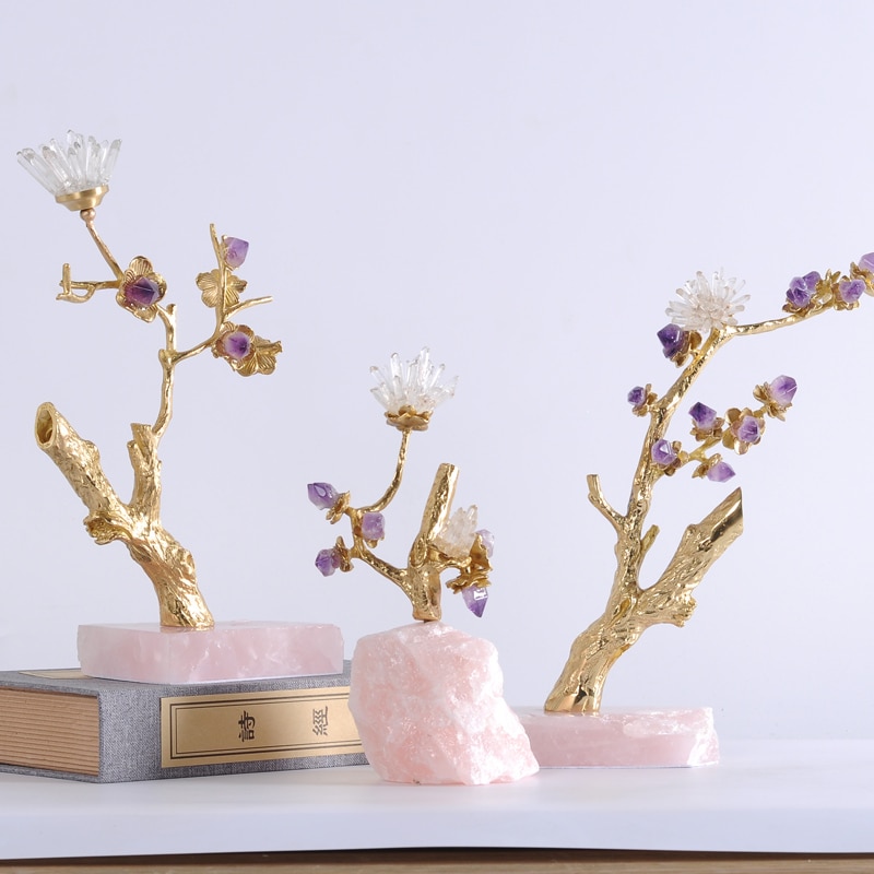 Home Interior Living Room Decor Metal Brass Tree Full Of Natural Crystal Stone Flowers Statues Ornament For Wedding Craft Gift