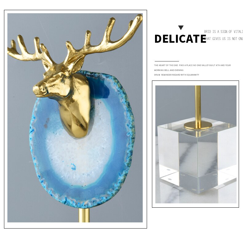 Luxurious Brass Deer Head With Blue Agate Stone Ornament Modern Crystal With Stand Figurine Crafts Home Decor Accessories Gift