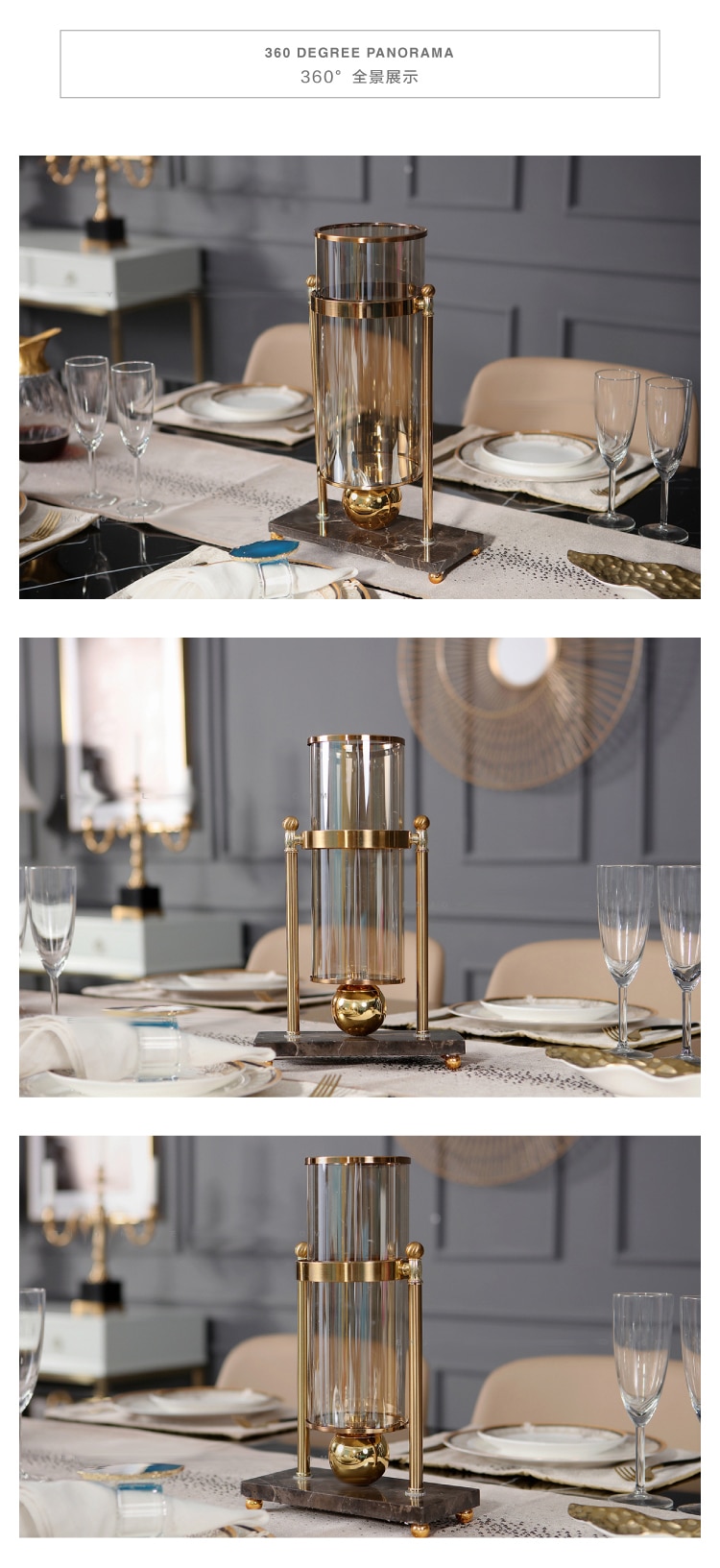 Luxurious 42cm Flower Vase Gold Column Stand Metal Glass Vase Wedding Centerpiece Marble Flower Vase For Event Party Decoration