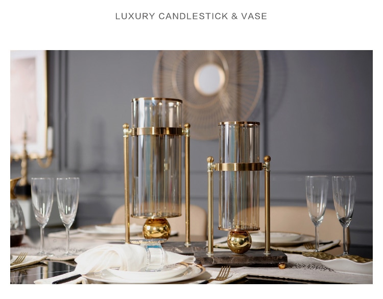 Luxurious 42cm Flower Vase Gold Column Stand Metal Glass Vase Wedding Centerpiece Marble Flower Vase For Event Party Decoration