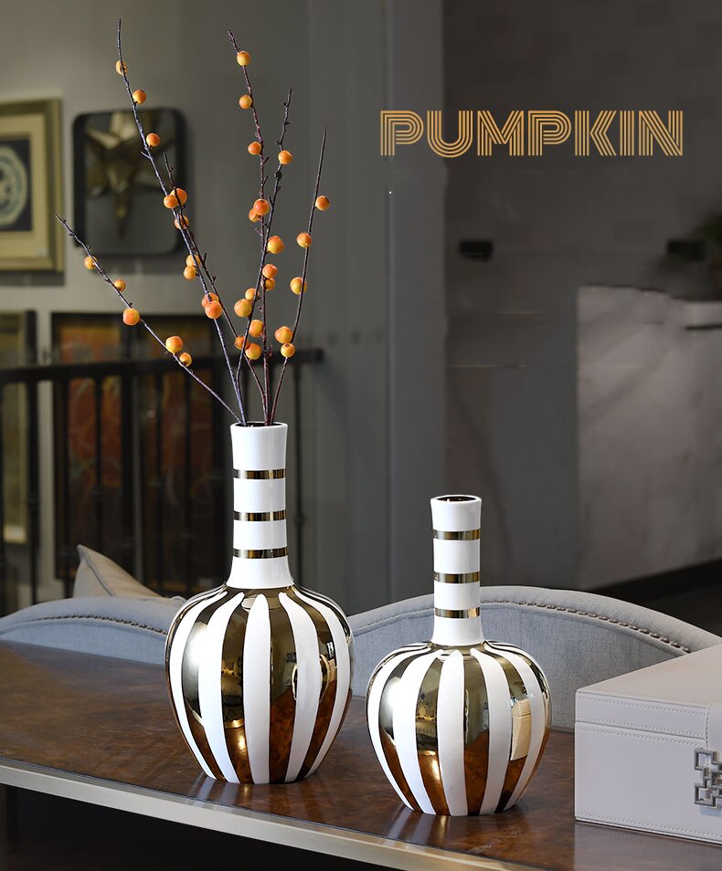 Modern Gold And White Pumpkin Arc Shape Ceramic Flower Vases Floral Ornaments Home Living Room Countertop Decor Flower Insert