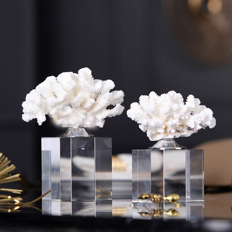 Luxurious Mediterranean Style Crystal White Coral Home Decor Accessories Figurine Living Room Ornament Objects Office Resin Gift