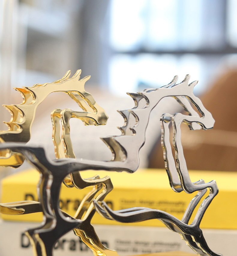 Pair Of Running Metal Gold Silver Horses Profile Home Decor Accessories Figurine Living Room Ornament Objects Office Marble Gift