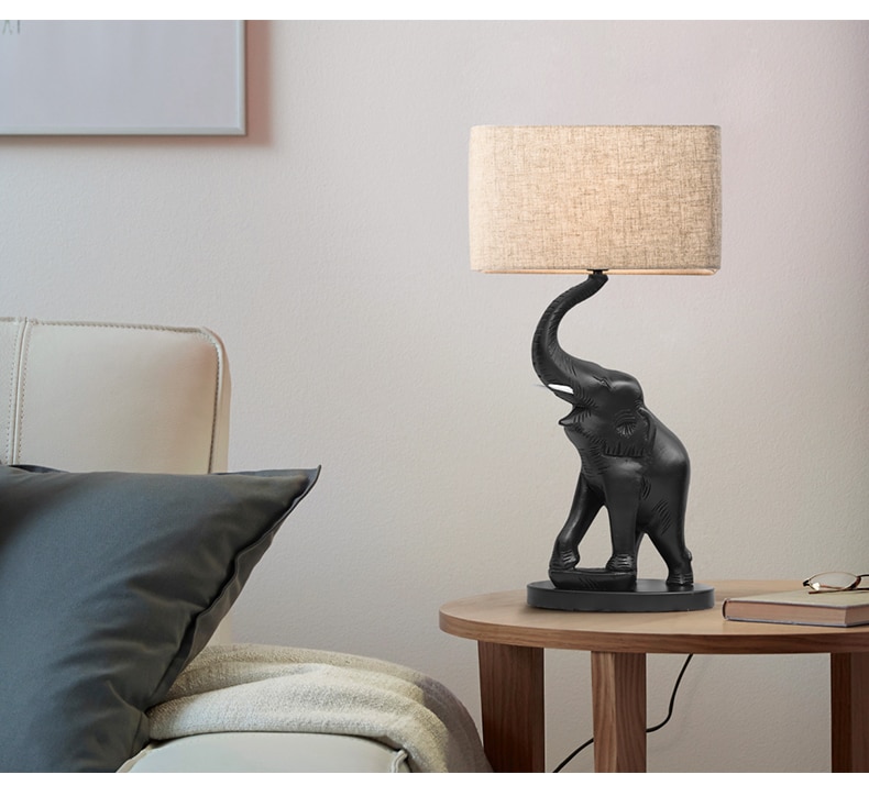 Black Elephant Statue Blow Nose Table Lamp Abajurs Resin Living Room Home Hotel Decor Lamps Flax Fabric Bedroom Lamp Luminaire