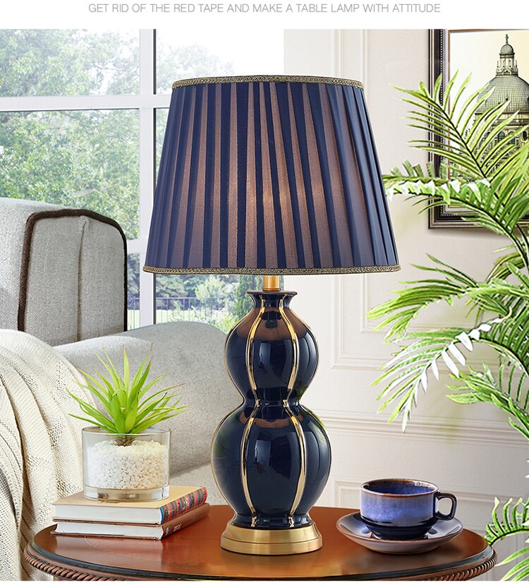 Golden Lines Depicting Shape Of The Gourd Table Lamp For Living Room Blue Ceramic Lamp Luxury Bedroom Bedside Lamp Decor Lamps