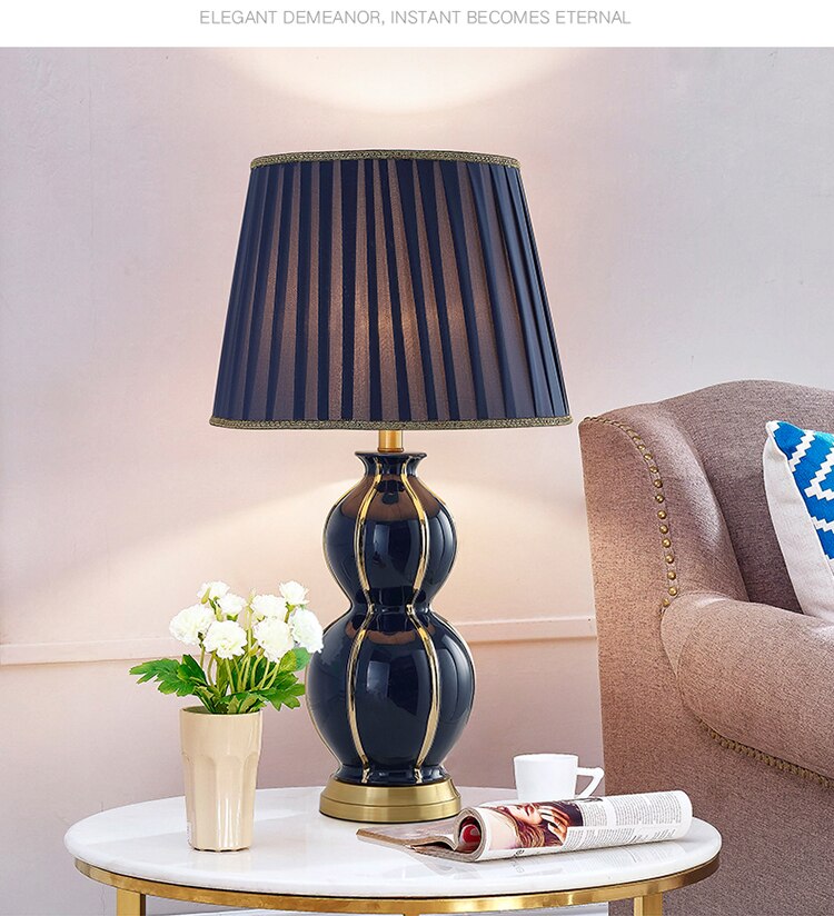 Golden Lines Depicting Shape Of The Gourd Table Lamp For Living Room Blue Ceramic Lamp Luxury Bedroom Bedside Lamp Decor Lamps