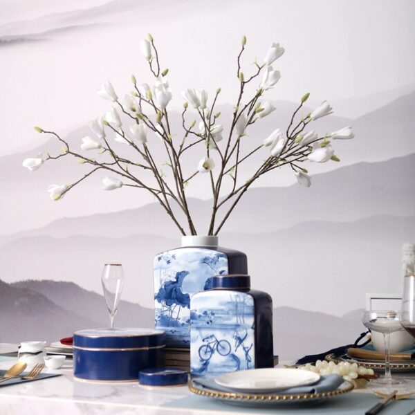 مزهرية بورسلين ورق الطبيعة الازرق اكسسوارات منزلية