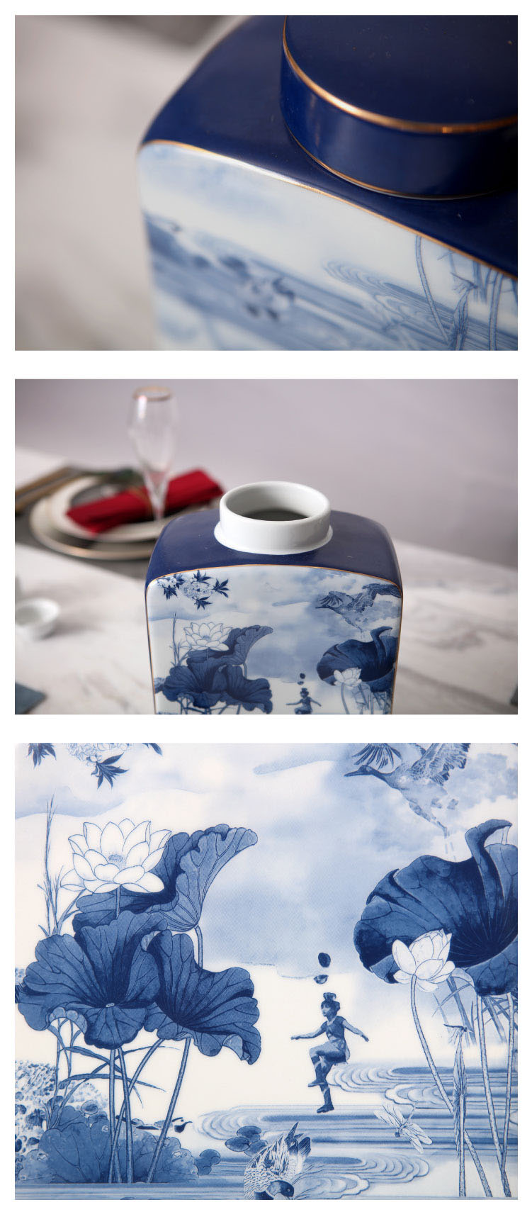 Blue And White Porcelain Vase Decor Jar Lotus Leaf Pattern Home Living Room Tabletop Decor Ornaments For New House Furnishings