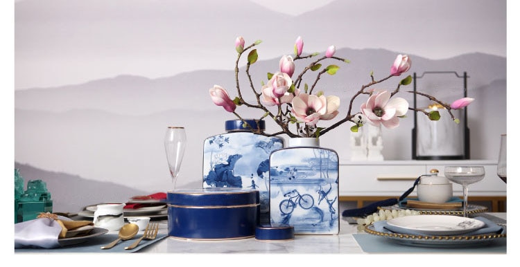 Blue And White Porcelain Vase Decor Jar Lotus Leaf Pattern Home Living Room Tabletop Decor Ornaments For New House Furnishings
