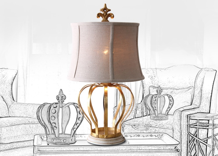 Classical Gold Crown Shape Metal Table Lamp Living Room E27 Reading Book Bedroom Bedside Table Lights Linen Fabric Home Lighting
