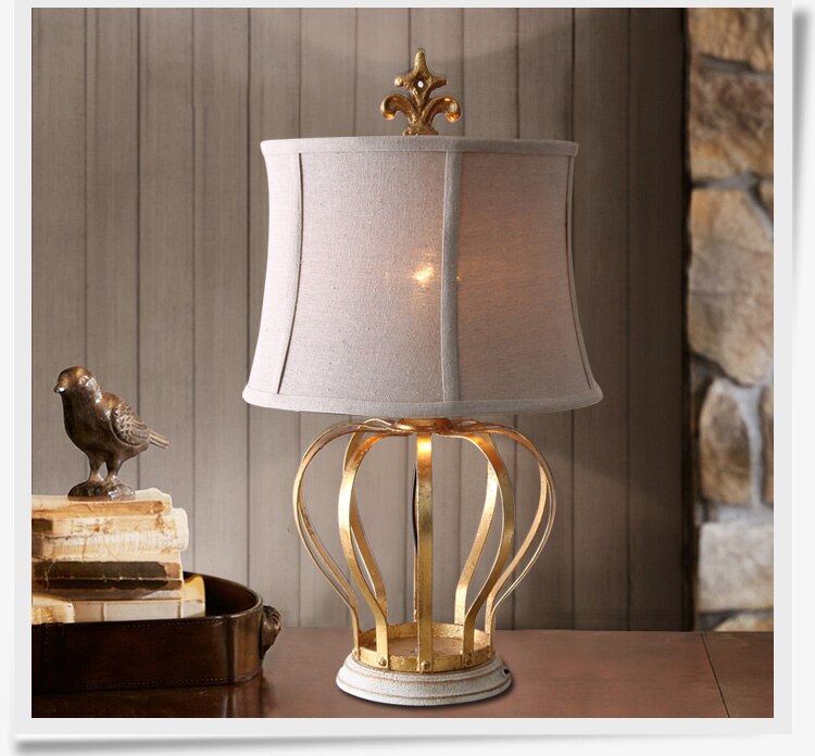 Classical Gold Crown Shape Metal Table Lamp Living Room E27 Reading Book Bedroom Bedside Table Lights Linen Fabric Home Lighting