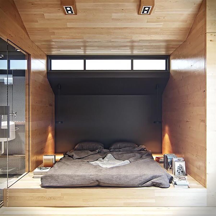 غرفة نوم أنيقة بألوان داكنة مع منصة خشبية