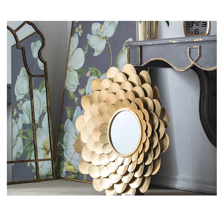 European Wrought Iron Golden Flower Mirror Wall Hanging Living Room Porch Ornament Pendant Decorative Mirror