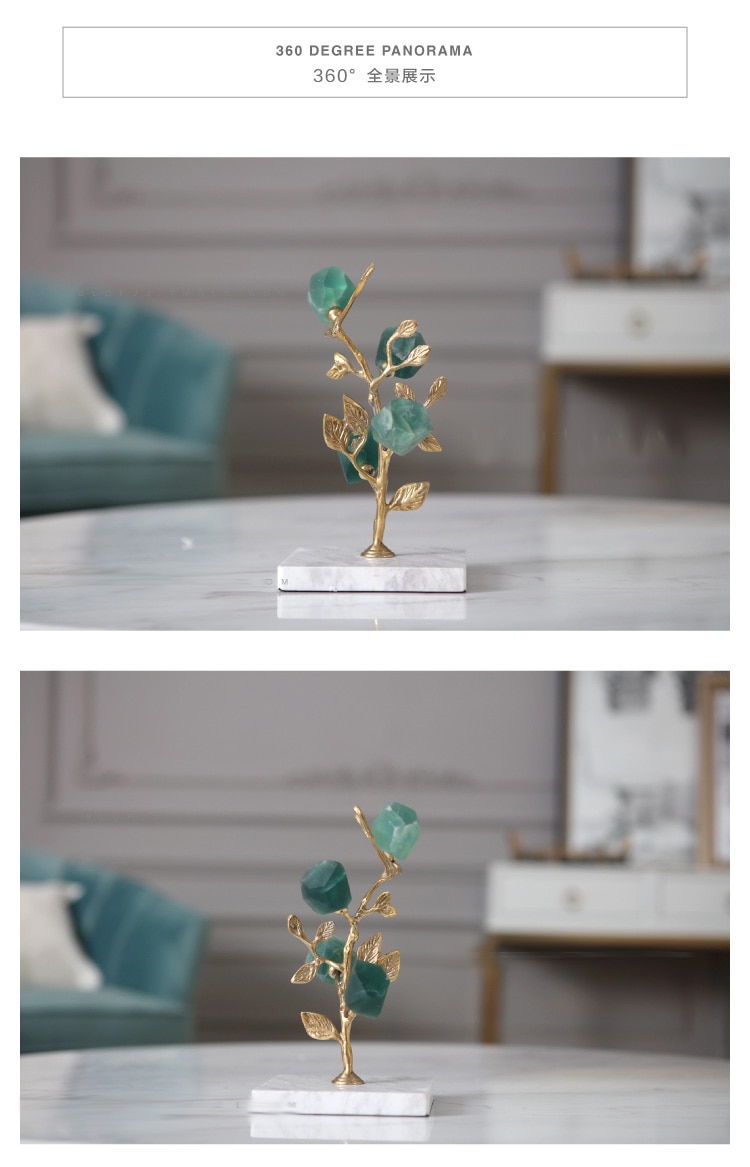 Creative Modern Flower Shape Green Crystal Statue Home Decor Crafts Room Decoration Objects Office White Marble Copper Figurines