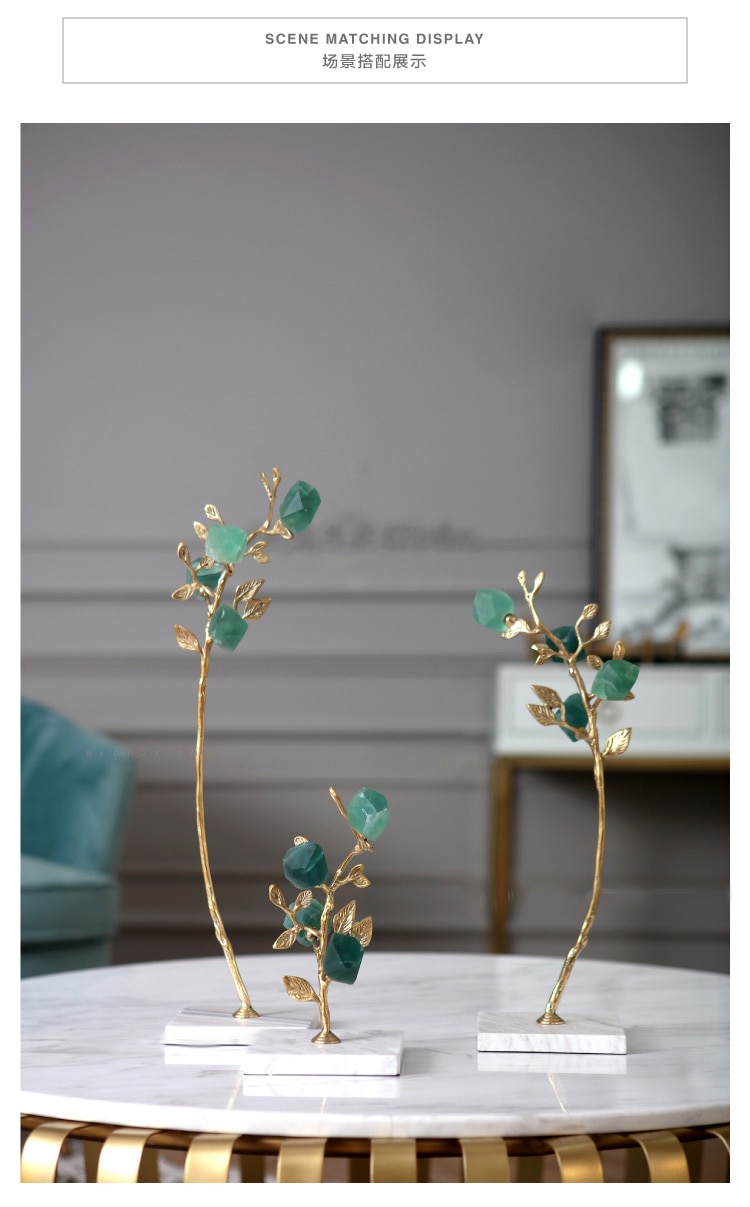 Creative Modern Flower Shape Green Crystal Statue Home Decor Crafts Room Decoration Objects Office White Marble Copper Figurines