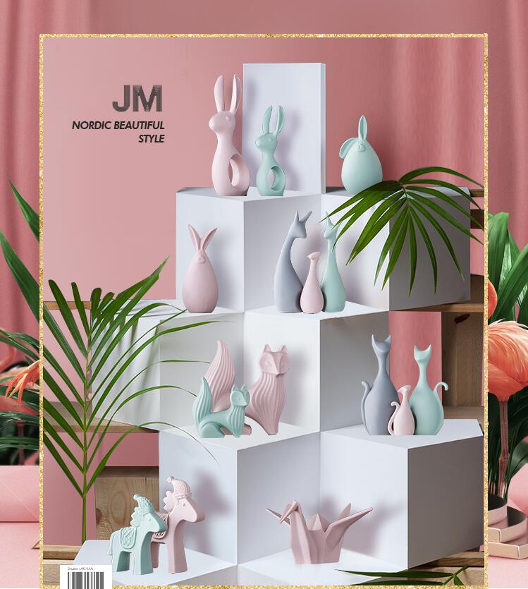 Nordic Pink Green Ceramic Deer Rabbit Figurines Home Decoration Crafts Livingroom Desktop Animal Ornaments Modern Wedding Gifts