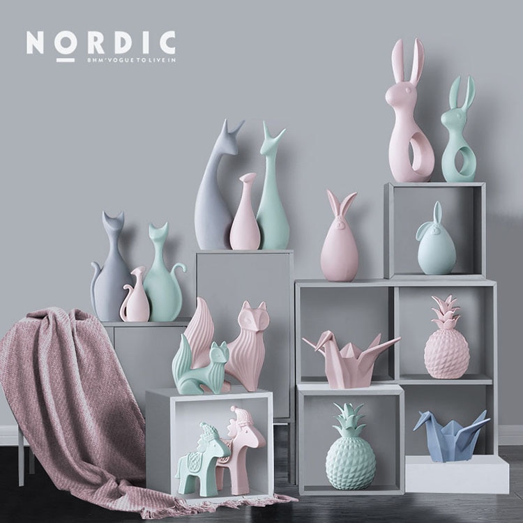 Nordic Pink Green Ceramic Deer Rabbit Figurines Home Decoration Crafts Livingroom Desktop Animal Ornaments Modern Wedding Gifts