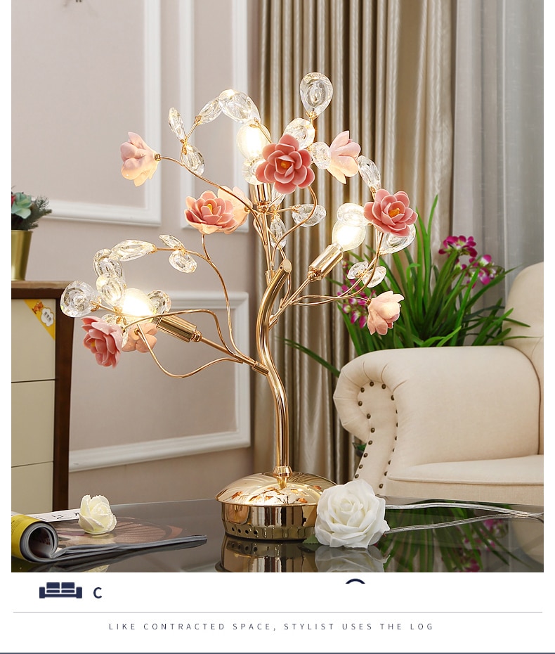 Ceramic Rose Flower Tree Metal Table Lamp Button Switch K9 Crystal Lamp E14 Base Bedside Night Light Home Decororation Luminaria