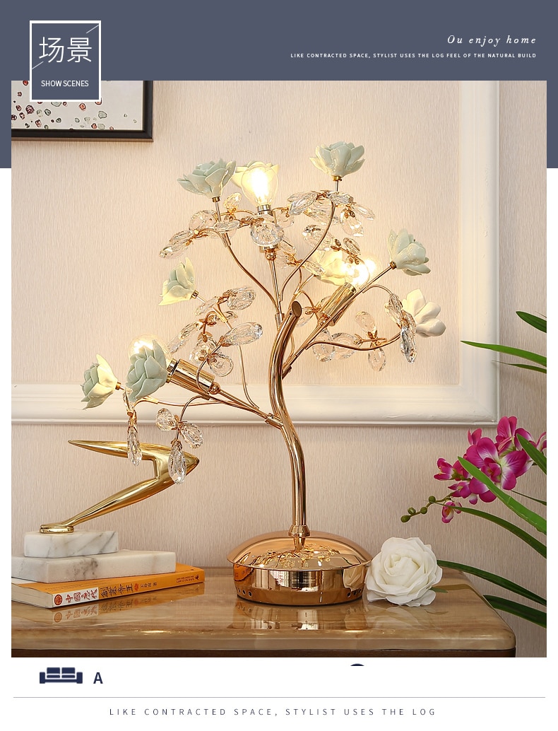 Ceramic Rose Flower Tree Metal Table Lamp Button Switch K9 Crystal Lamp E14 Base Bedside Night Light Home Decororation Luminaria