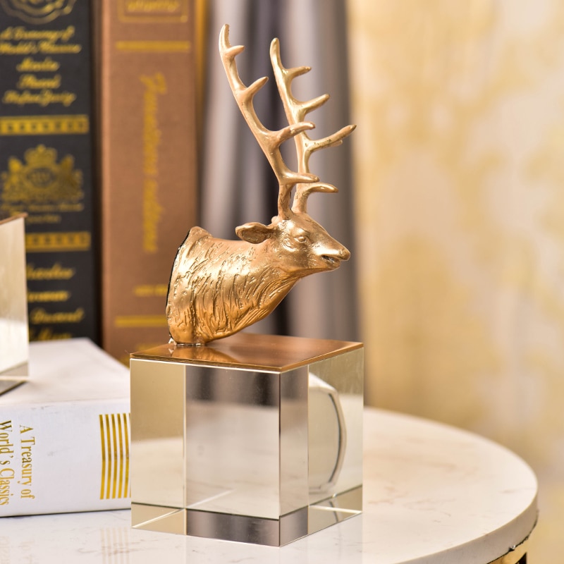 Luxurious Creative Metal Copper Antelope Head Shape Statue Home Decor Crafts Room Decoration Objects Office Crystal Figurines