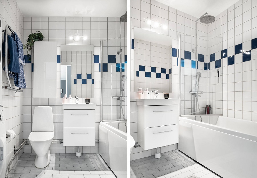 حمام ودش في الحمام الداخلي باللونين الأبيض والأزرق على الطراز الاسكندنافي