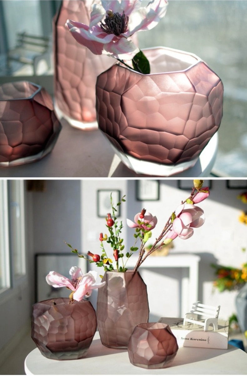 European style glass vase Coloured Manual grinding carved Tabletop Flower vase Geometric wedding vases home decoration Modern