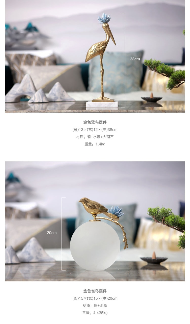Modern Creative Copper Heron Bird Standing On A Crystal Ball Statue Home Crafts Room Decor Objects Office White Marble Sculpture
