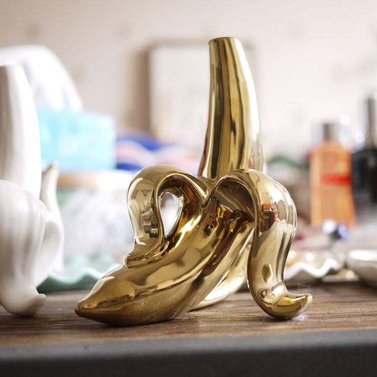 [MGT] Scandinavian creative home ceramics matte white gold banana pendant vase floret tabletop Small mouth jar home decor