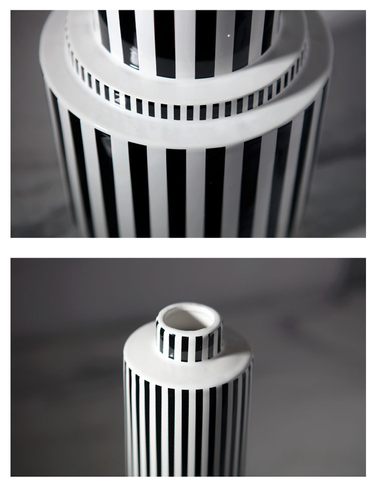 Nordic Abstract Black And White Vertical Pattern Creative Ceramic Vase Post Modern Geometric Shape Designer Porcelain Flower