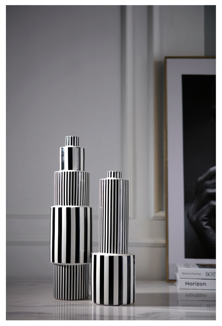 Nordic Abstract Black And White Vertical Pattern Creative Ceramic Vase Post Modern Geometric Shape Designer Porcelain Flower