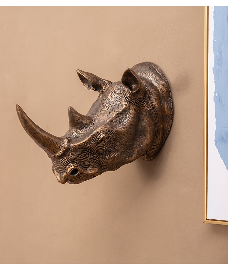 50cm Retro Gold Copper Color Animal Head Wall Hanging Decor Hotel Room Home Rhinoceros Head Statue Pendant Accessorise Gift