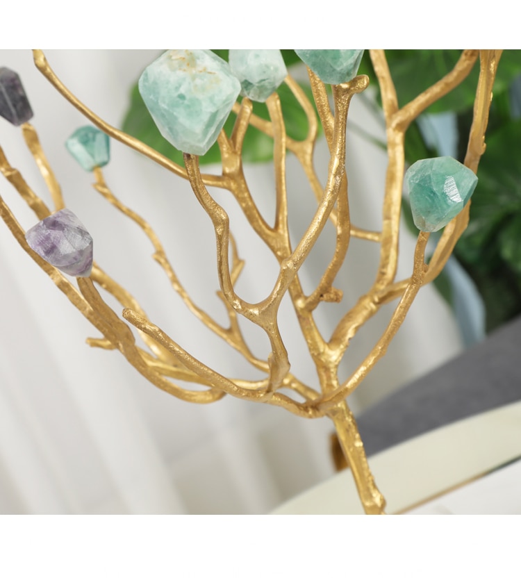 Brass Tree Full Of Natural Green Purple Spar Furnishing Art Figurines Crafts Morden Home Marble Decoration Wedding Gifts