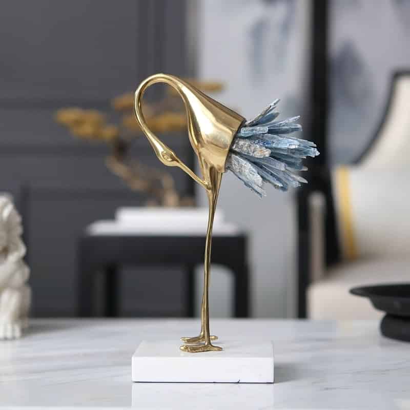 Luxurious Copper Flamingo Statue Sculpture With White Blue Crystal Tail Home Art Gift Figurines Home Decor Marble Accessories