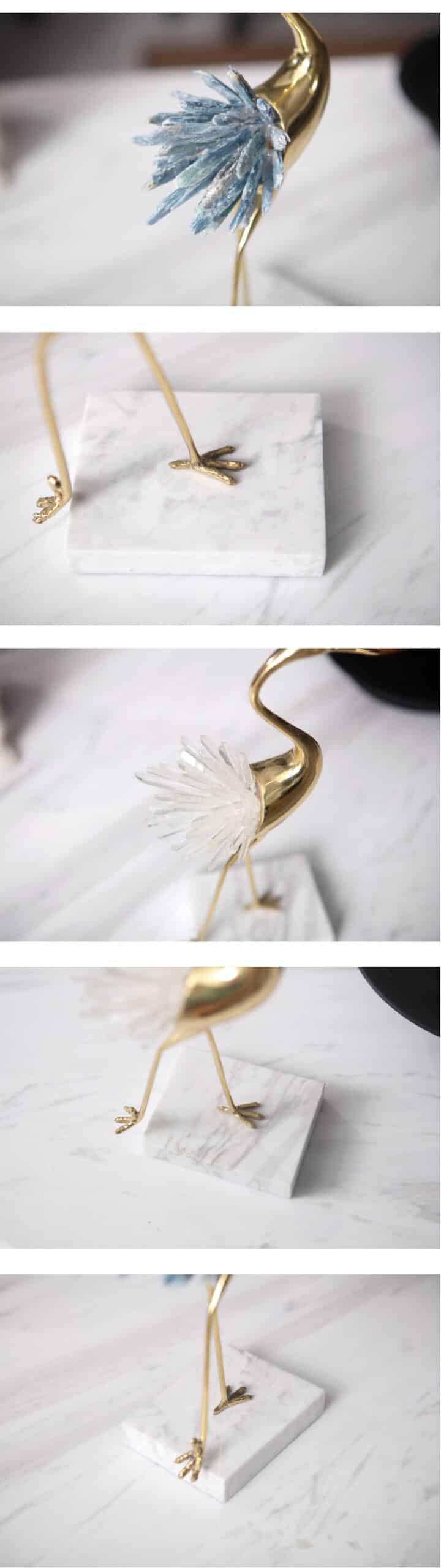 Luxurious Copper Flamingo Statue Sculpture With White Blue Crystal Tail Home Art Gift Figurines Home Decor Marble Accessories