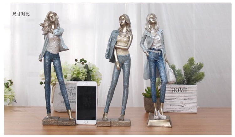 Fashion Girl In Denim Jacket With A Handbag Statue Home Decor Crafts Room Objects Character Office Resin Figurines Wedding Gifts