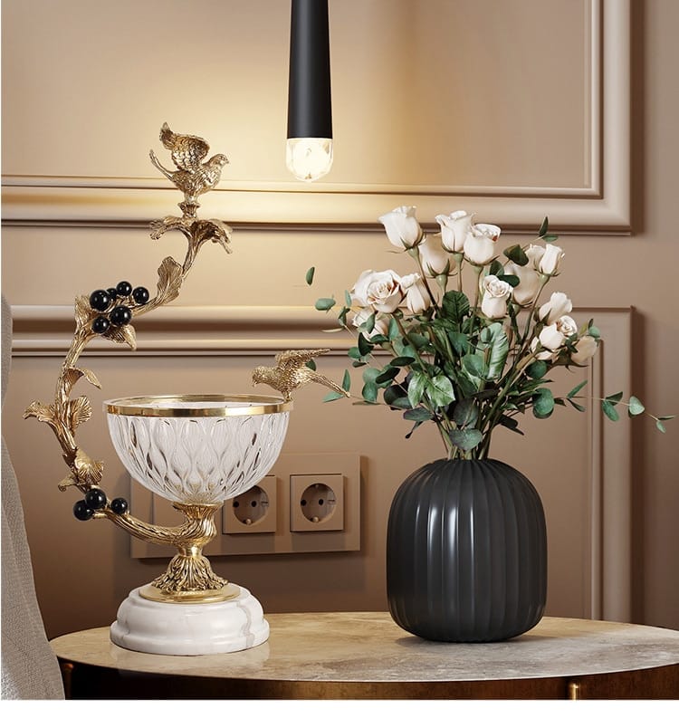 Modern Brass Bird Branch Statue Crystal Glass Fruit Plate For Home Living Room Table Marble Decor Fruit Basket Housewarming Gift