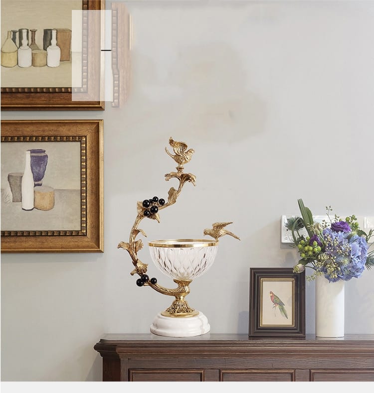 Modern Brass Bird Branch Statue Crystal Glass Fruit Plate For Home Living Room Table Marble Decor Fruit Basket Housewarming Gift