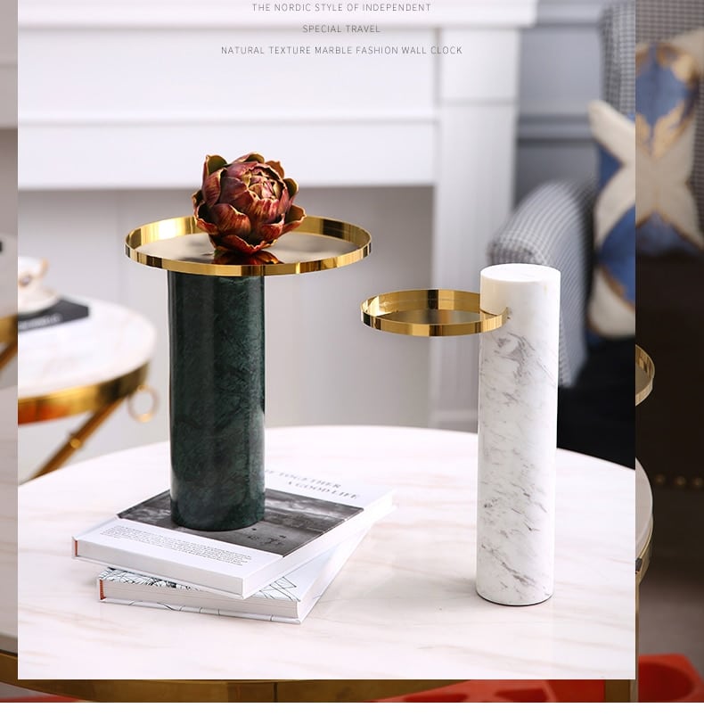 Luxury Home Hotel Living Room Coffee Table Decoration Ornament Modern Black Green White Cylindrical Marble Metal Tray Storage