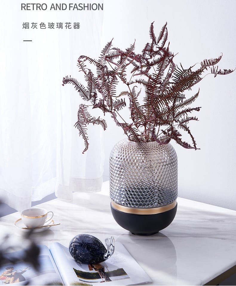 Home Honeycomb Texture Translucent Vase Home Living Room Decoration Smoke Golden Waistline Gray Glass Flower Vase Desk Ornaments