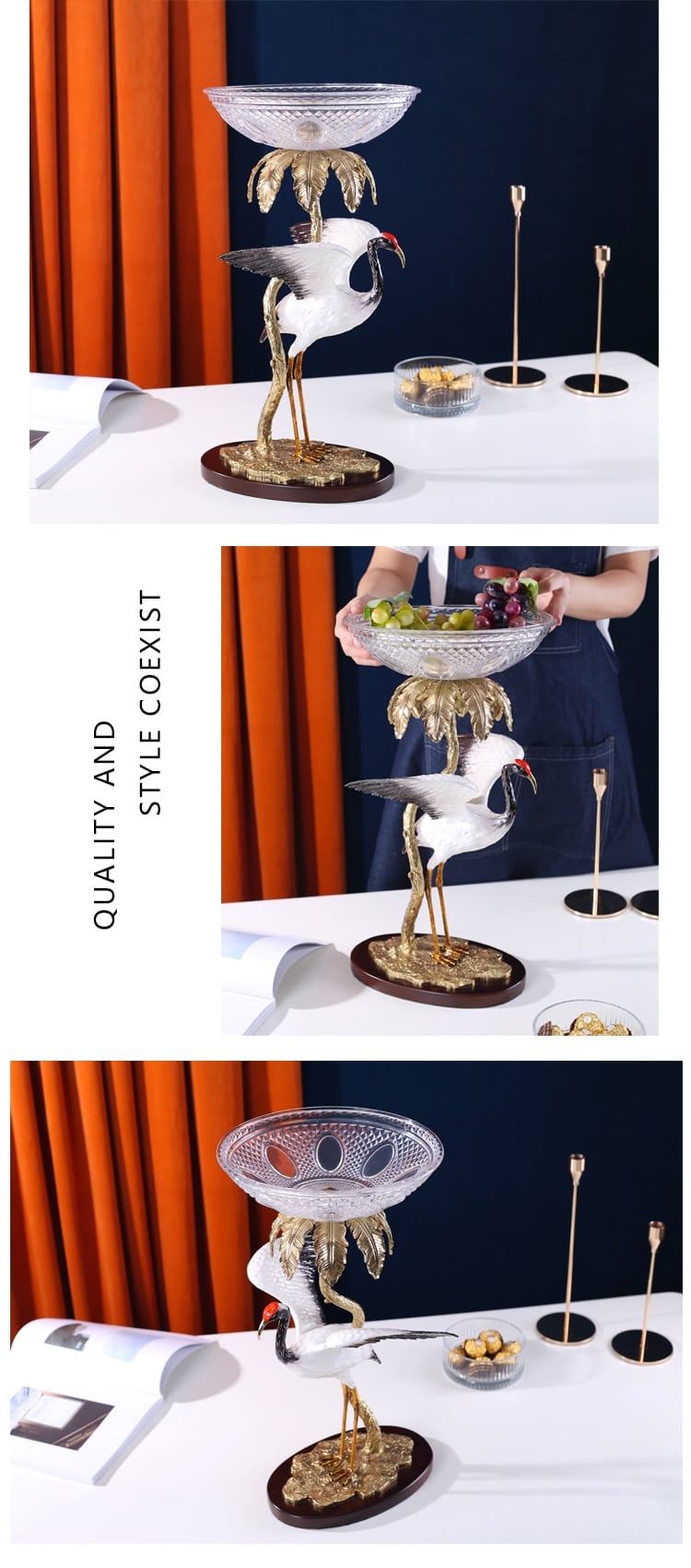 Large 50Cm Luxury Animal Cranes Statue Coconut Gold Tree Figurines Home Crystal Glass Fruit Plate Table Decor Bowl Candy Dish
