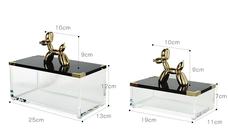 Modern Golden Brass Balloon Dog Statue Jewelry Storage Box Transparent Acrylic Rectangular Display Box Home Room Desktop Decor