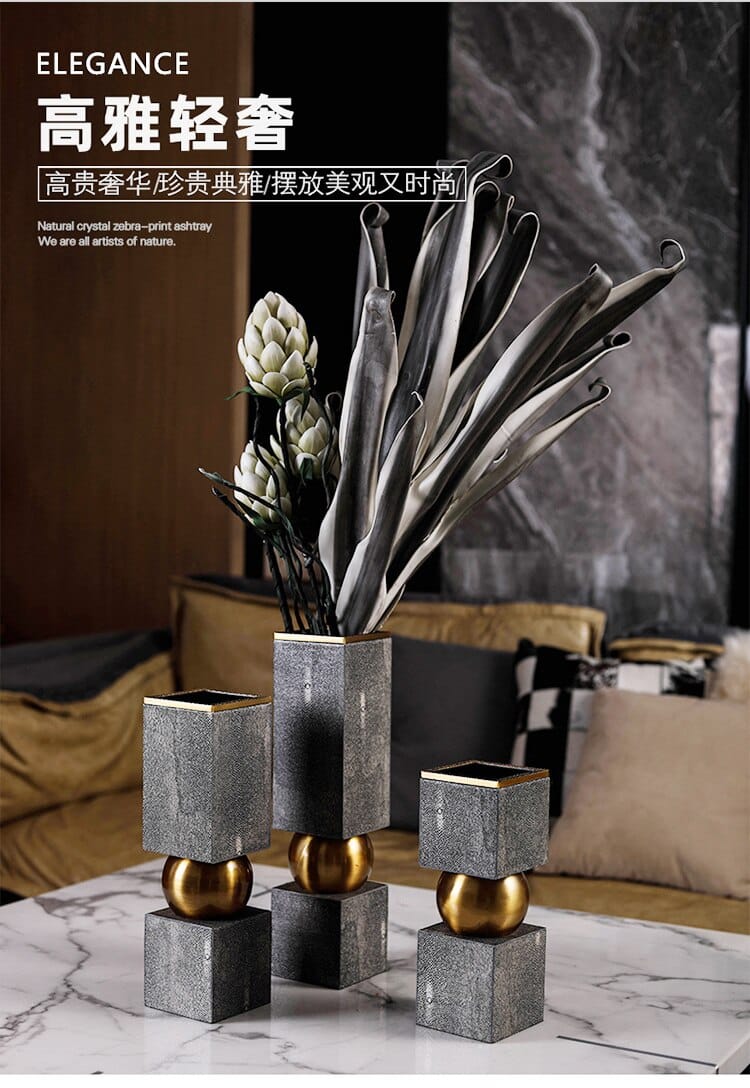 Modern Minimalist Luxury Model Room Living Room Entrance Dining Table Vase Golden Ball Leather Geometric Squear Vase Ornaments